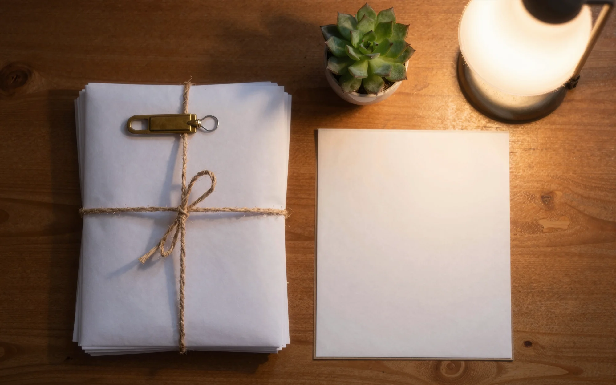 A stack of plain envelopes tied with twine, a brass letter opener, and a small plant on a wooden table in warm lamp light